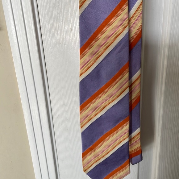 Alfred Dunhill tie, purple/orange/pink/yellow/cream stripe. Handmade 100% silk. - Picture 1 of 5